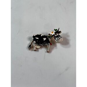Cow W/ Flower & Heart Pin/Brooch. Black, White, Red. Size 2" x 1 1/2".